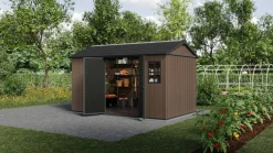 Casetta da Giardino Marrone Nero Resistente Agli Agenti Atmosferici Presenza Finestre 230x413x246h cm, Tetto a due Falde - Ponca