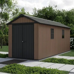 Casetta da Giardino Marrone Nero Resistente Agli Agenti Atmosferici Presenza Finestre 230x539x246h cm, Tetto a due Falde - Roscommon