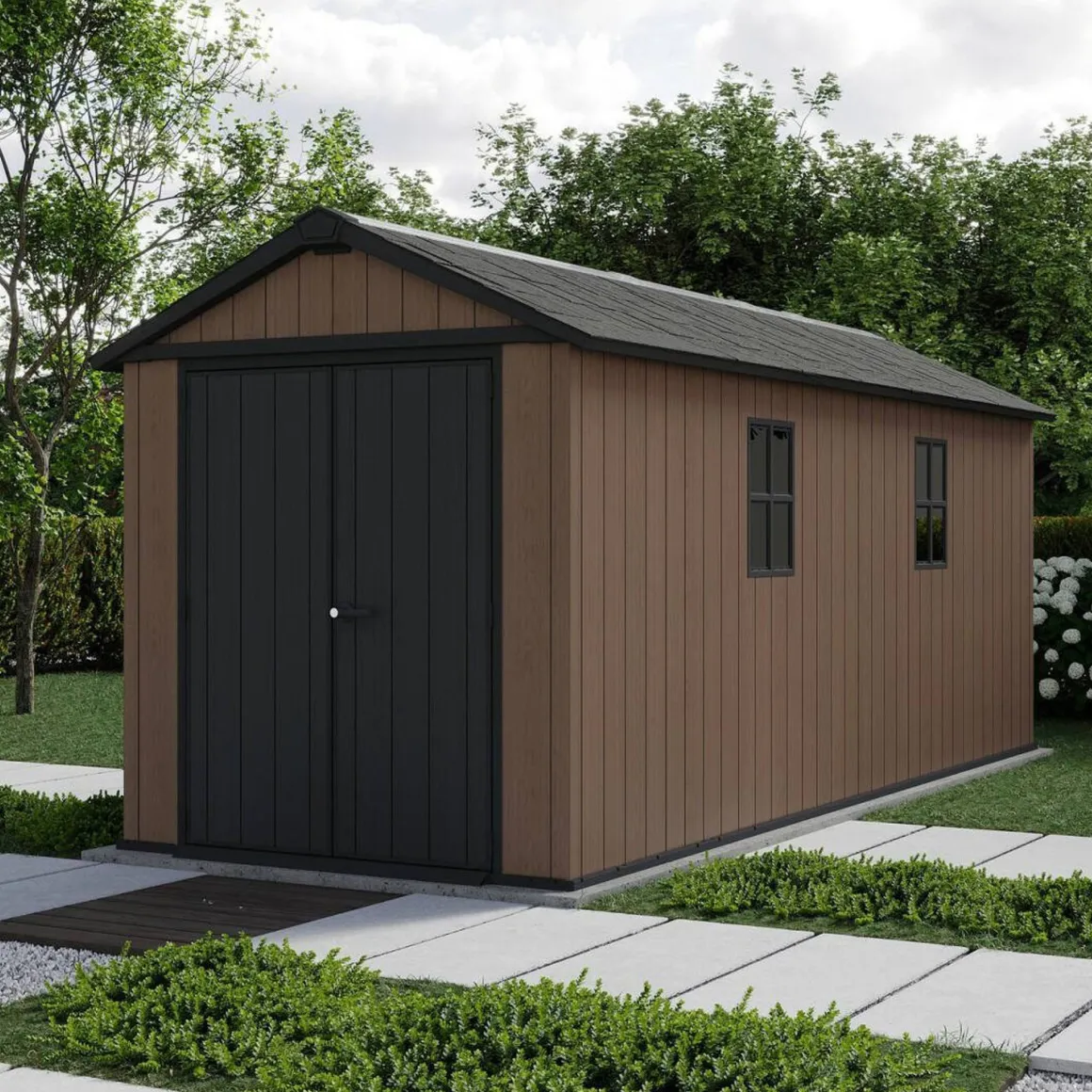 Casetta da Giardino Marrone Nero Resistente Agli Agenti Atmosferici Presenza Finestre 230x539x246h cm, Tetto a due Falde - Roscommon