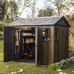 Casetta da Giardino Marrone Noce Nero Lucchettabile, Finitura in Resina Presenza Finestre 287x230x246h cm, Tetto a due Falde - Mayfield