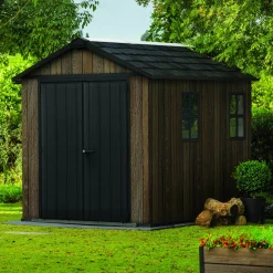 Casette Da Giardino > Dmora Casetta da Giardino Marrone Noce Nero Lucchettabile, Finitura in Resina Presenza Finestre 340x218x226h cm, Tetto a una Falda - Northfield Nero, Marrone Noce