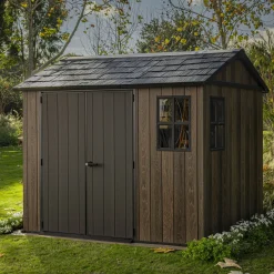 Casette Da Giardino > Dmora Casetta da Giardino Marrone Noce Nero Lucchettabile, Finitura in Resina Presenza Finestre 340x218x226h cm, Tetto a una Falda - Northfield Nero, Marrone Noce