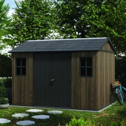 Casetta da Giardino Marrone Noce Nero Lucchettabile, Finitura in Resina Presenza Finestre 350x230x246h cm, Tetto a due Falde - Mcalester