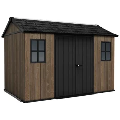 Casetta da Giardino Marrone Noce Nero Lucchettabile, Finitura in Resina Presenza Finestre 350x230x246h cm, Tetto a due Falde - Mcalester