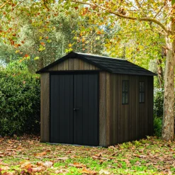 Casette Da Giardino > Dmora Casetta da Giardino Marrone Noce Nero Pavimento Rialzato, Modulabile, Lucchettabile Presenza Finestre 224x230x246h cm, Tetto a due Falde - Mattoon Nero, Marrone Noce