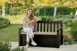 Cassapanche|Cassapanche Da Esterno > Dmora Cassapanca da giardino con schienale 140x60x84h cm e beige - Chestermere Marrone