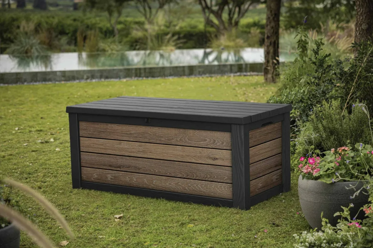 Cassapanche|Cassapanche Da Esterno > Dmora Cassapanca outdoor 151x72x70h cm effetto legno - Brantford Marrone Noce