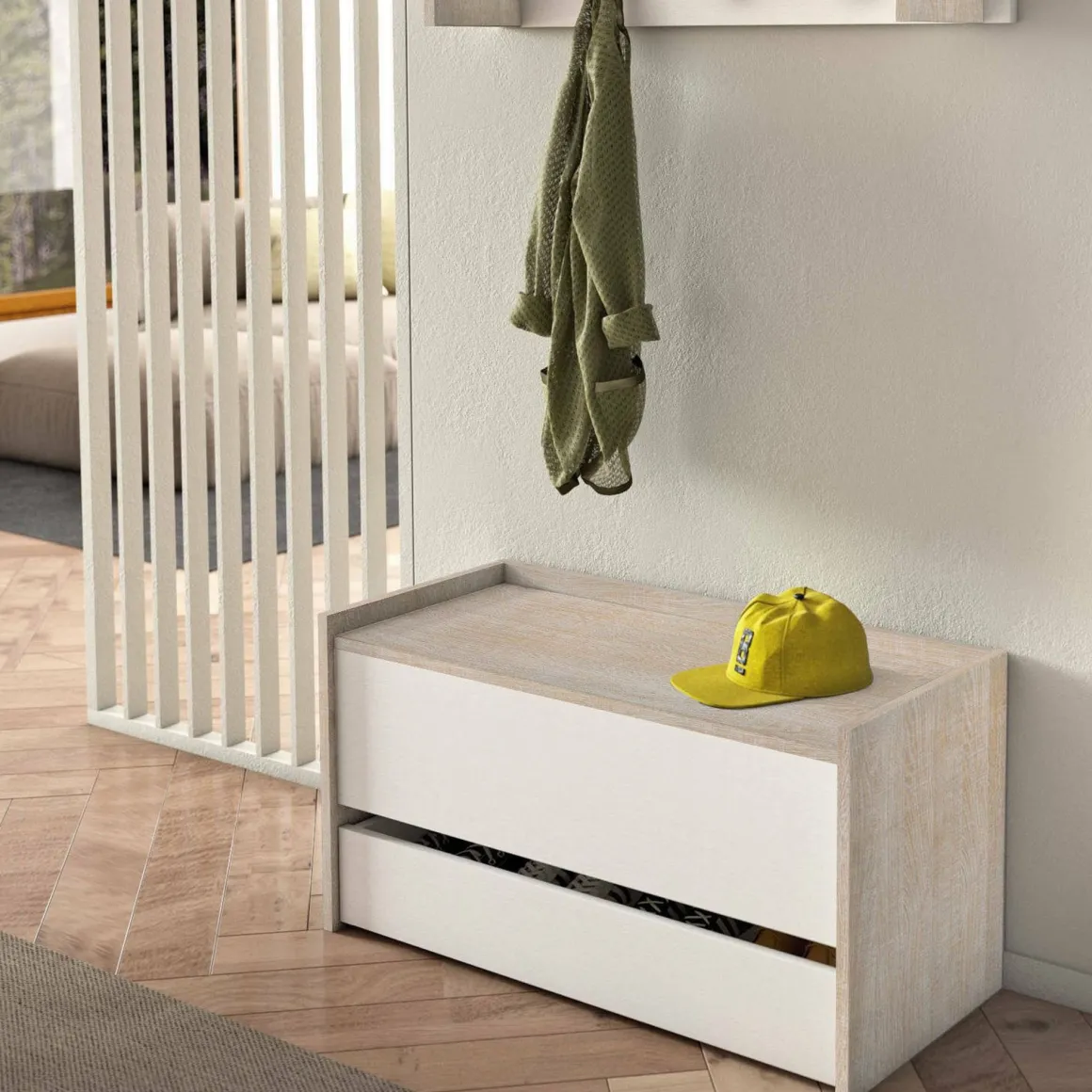 Cassapanca salvaspazio in legno 90x40x46h cm bianca e rovere - Sogno
