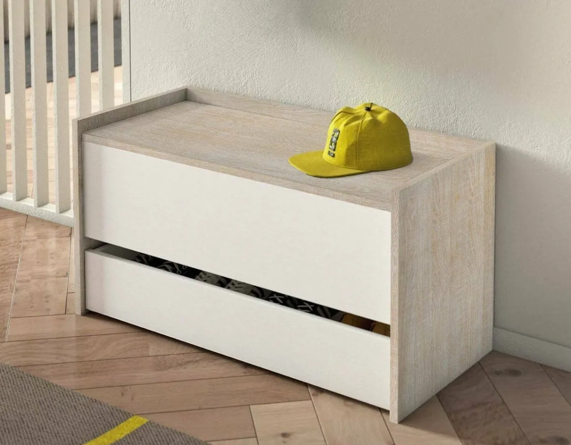 Cassapanca salvaspazio in legno 90x40x46h cm bianca e rovere - Sogno
