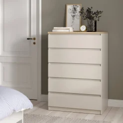Cassettiera Beige 5 Cassetti Apertura Scorrevole 77x50x111h cm, Chiusura Scorrevole - Ansel
