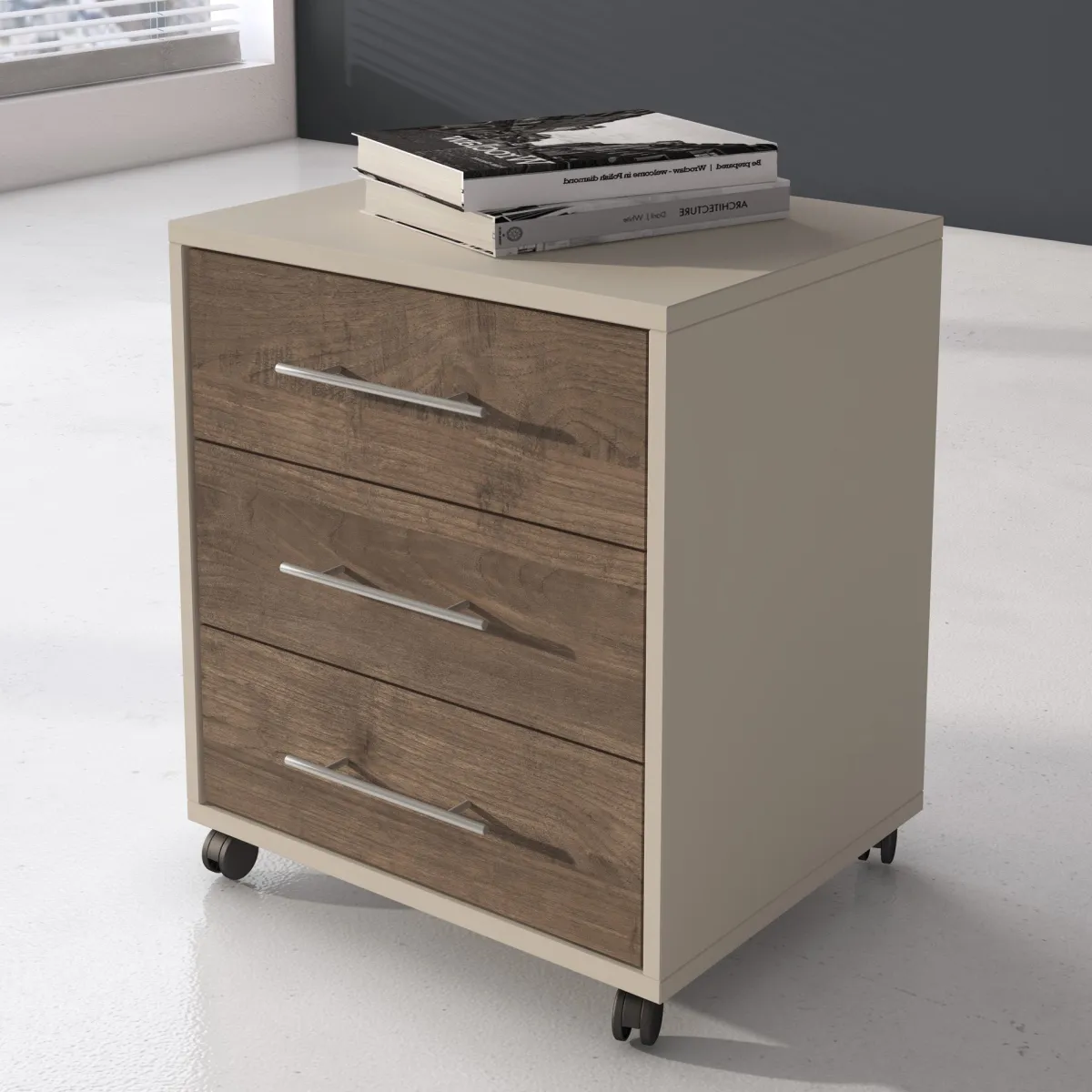 Cassettiere > Dmora Cassettiera Beige Marrone Noce 3 Cassetti con Ruote 43x40x57h cm, Apertura Scorrevole - Pisano Marrone Noce, Beige