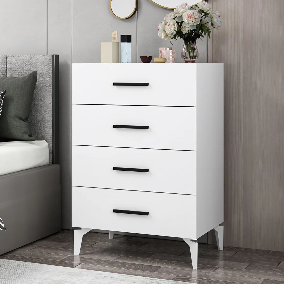 Cassettiere > Dmora Cassettiera 4 Cassetti Apertura Scorrevole 80x47x98h cm, Chiusura Scorrevole - Gorle Bianco