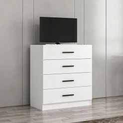 Cassettiera Bianco 4 Cassetti Apertura Scorrevole 90x47x100h cm, Chiusura Scorrevole - Lierna