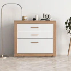 Cassettiera Bianco Marrone Rovere 3 Cassetti con Piedini 90x35x79h cm, Apertura Scorrevole - Hampi