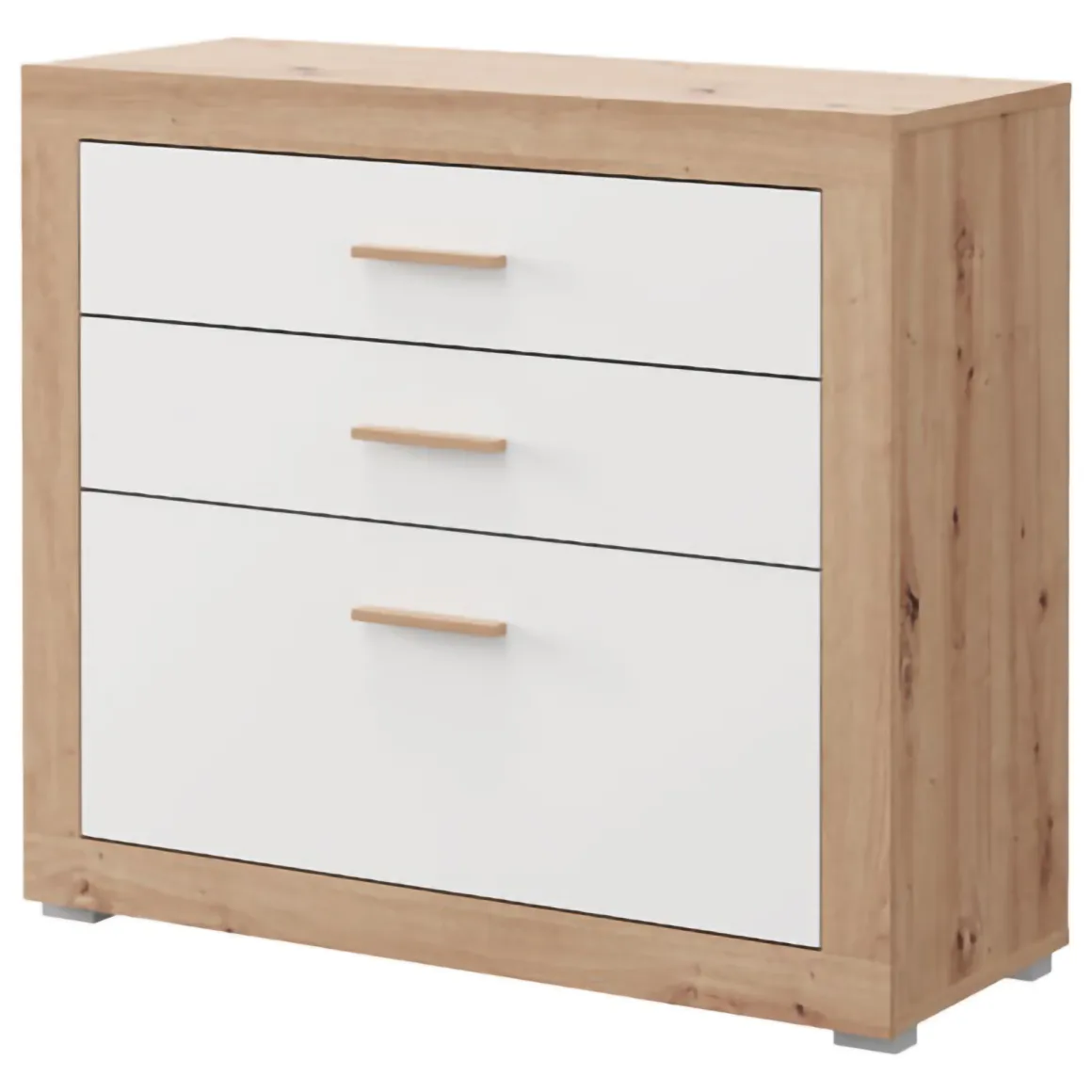 Cassettiera Bianco Marrone Rovere 3 Cassetti con Piedini 90x35x79h cm, Apertura Scorrevole - Hampi