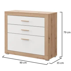 Cassettiera Bianco Marrone Rovere 3 Cassetti con Piedini 90x35x79h cm, Apertura Scorrevole - Hampi