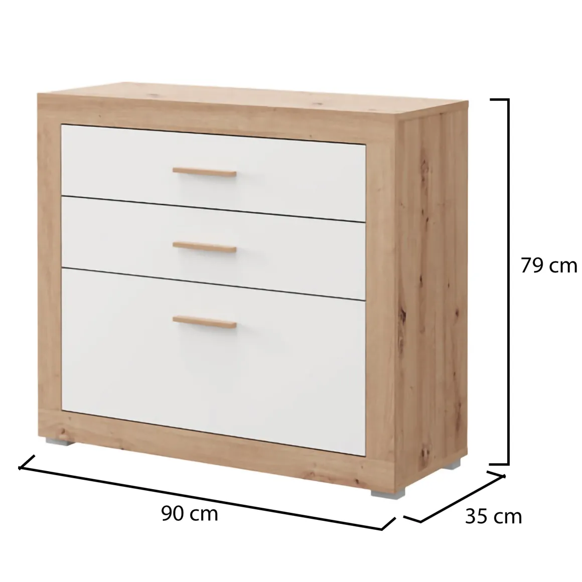 Cassettiera Bianco Marrone Rovere 3 Cassetti con Piedini 90x35x79h cm, Apertura Scorrevole - Hampi