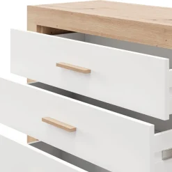 Cassettiera Bianco Marrone Rovere 3 Cassetti con Piedini 90x35x79h cm, Apertura Scorrevole - Hampi