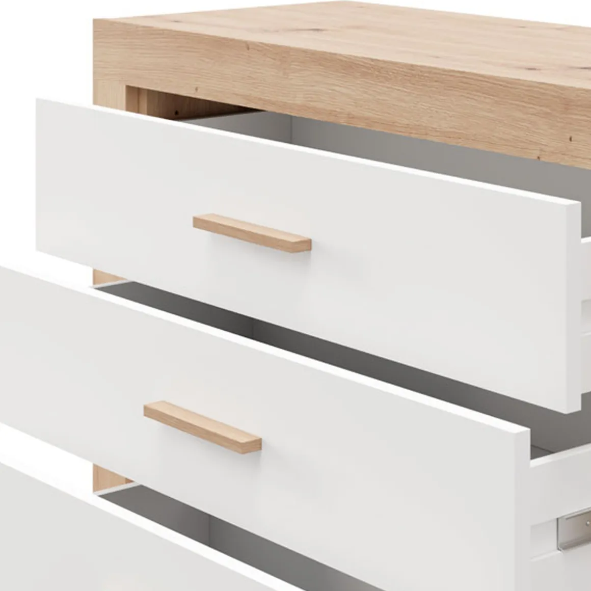 Cassettiera Bianco Marrone Rovere 3 Cassetti con Piedini 90x35x79h cm, Apertura Scorrevole - Hampi