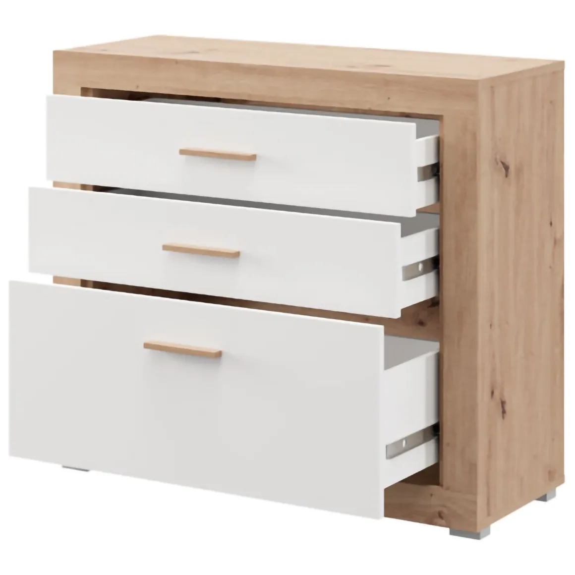 Cassettiera Bianco Marrone Rovere 3 Cassetti con Piedini 90x35x79h cm, Apertura Scorrevole - Hampi