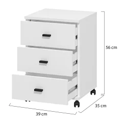 Cassettiera Bianco Opaco Nero 3 Cassetti con Ruote 39x35x56h cm, Apertura Scorrevole - Kaza