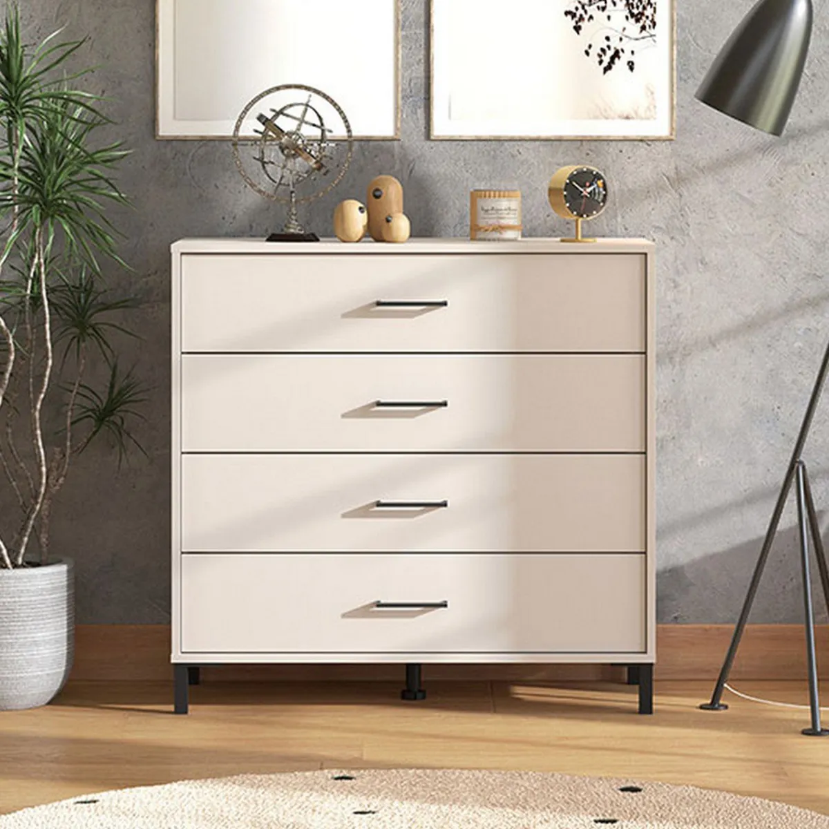 Cassettiere > Dmora Cassettiera Bianco Panna Nero 4 Cassetti Apertura Scorrevole 93x40x90h cm, Chiusura Scorrevole - Vidor Nero, Bianco Panna