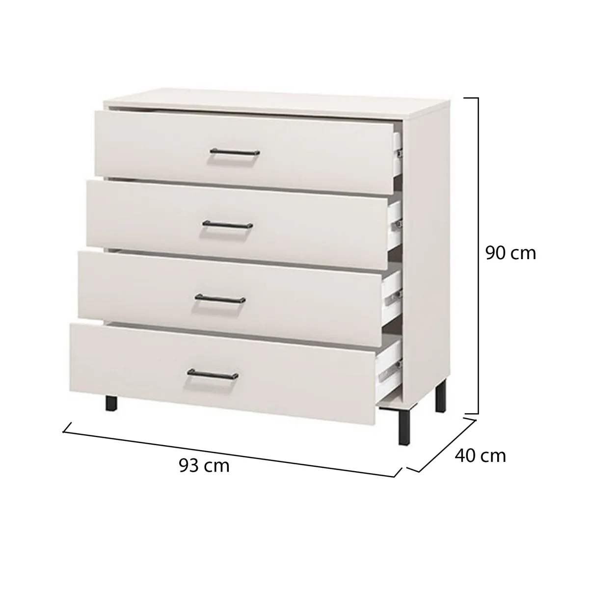 Cassettiere > Dmora Cassettiera Bianco Panna Nero 4 Cassetti Apertura Scorrevole 93x40x90h cm, Chiusura Scorrevole - Vidor Nero, Bianco Panna