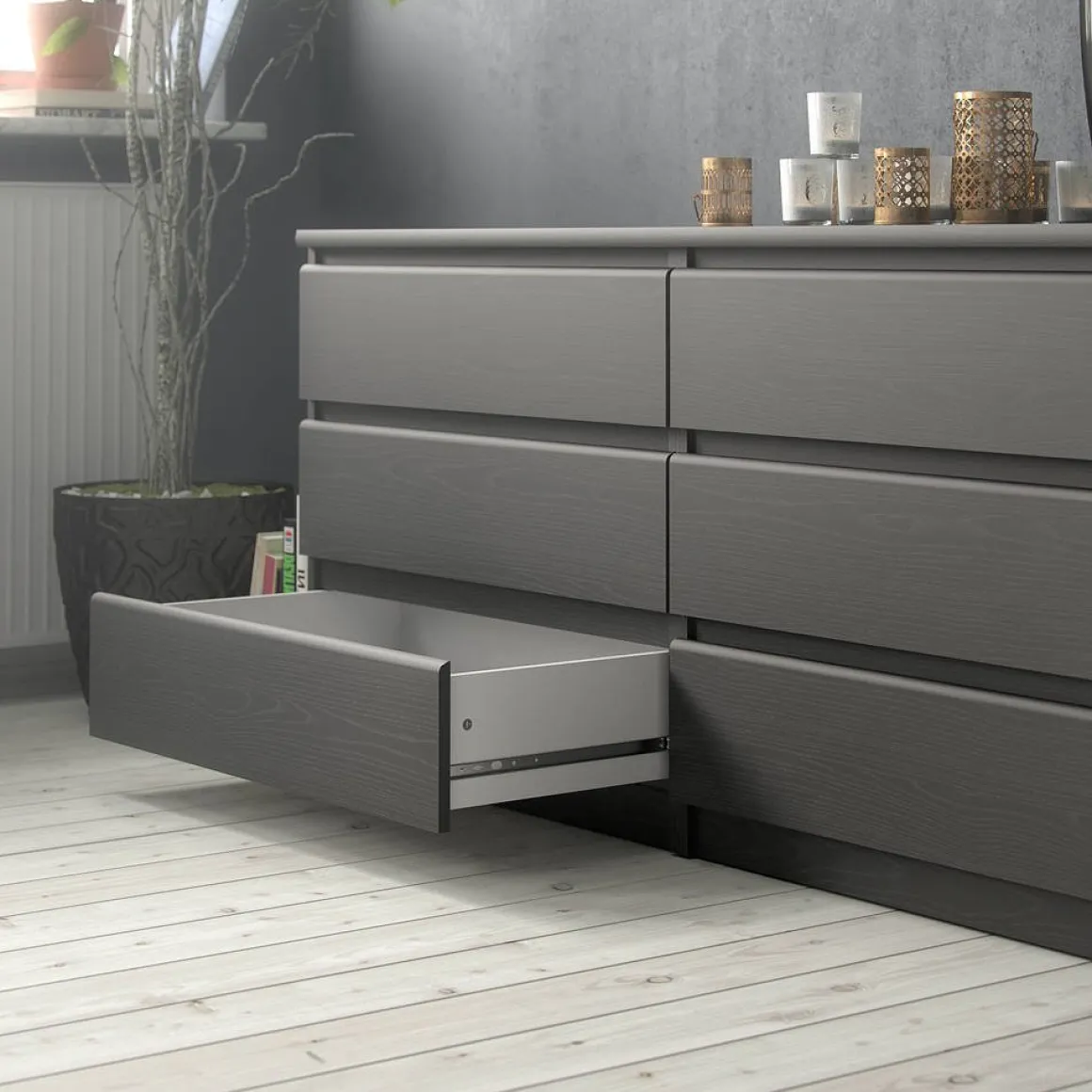 Cassettiera 6 Cassetti Apertura Scorrevole 153.6x50x70.1h cm, Chiusura Scorrevole
