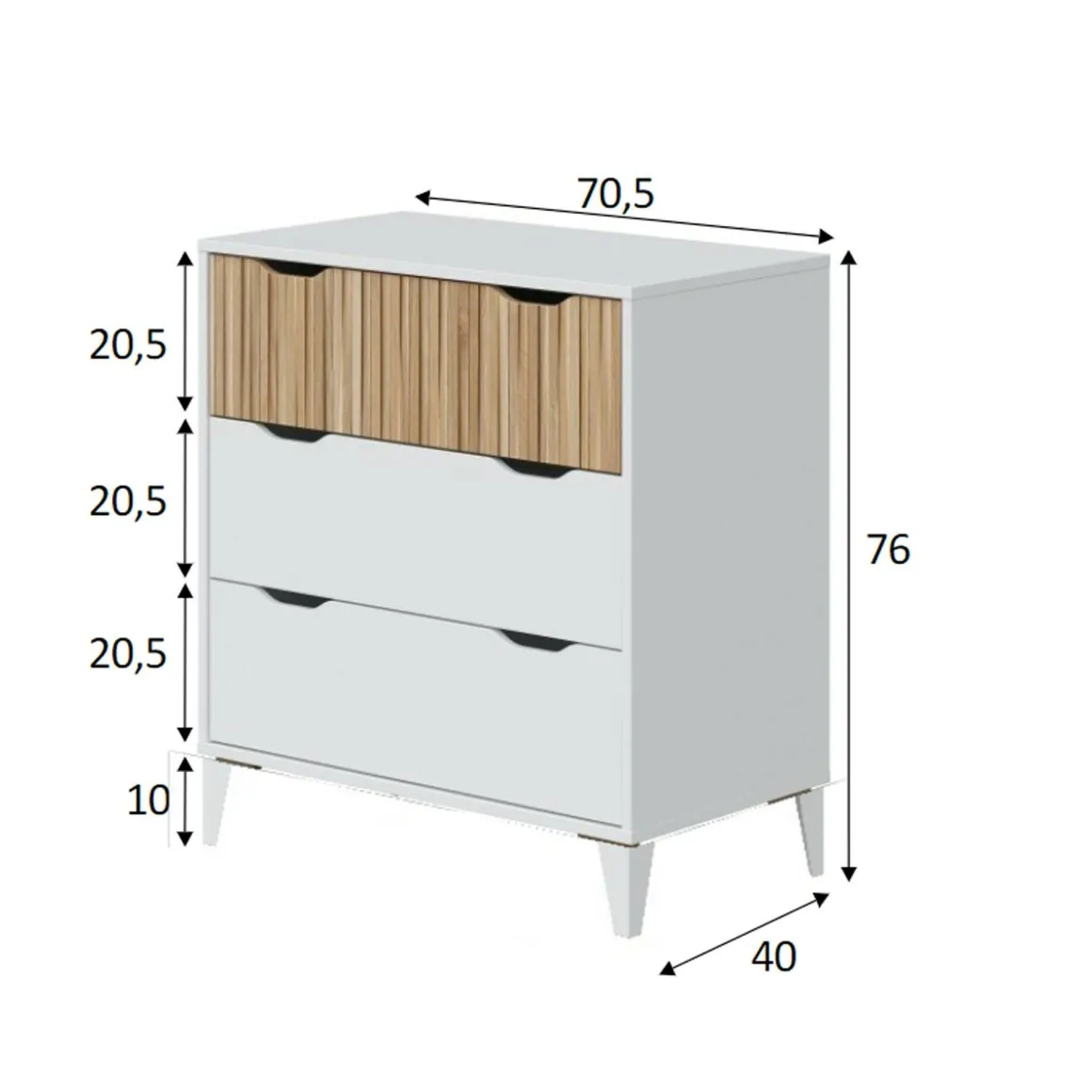 Cassettiera 3 cassetti bianca e rovere 70x76h cm - Archi