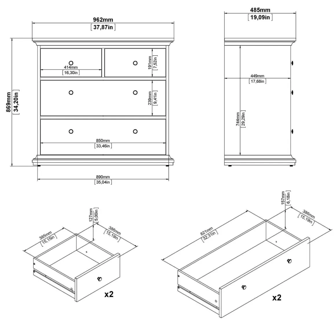 Cassettiera 4 cassetti grigia 96x86h cm - Arika