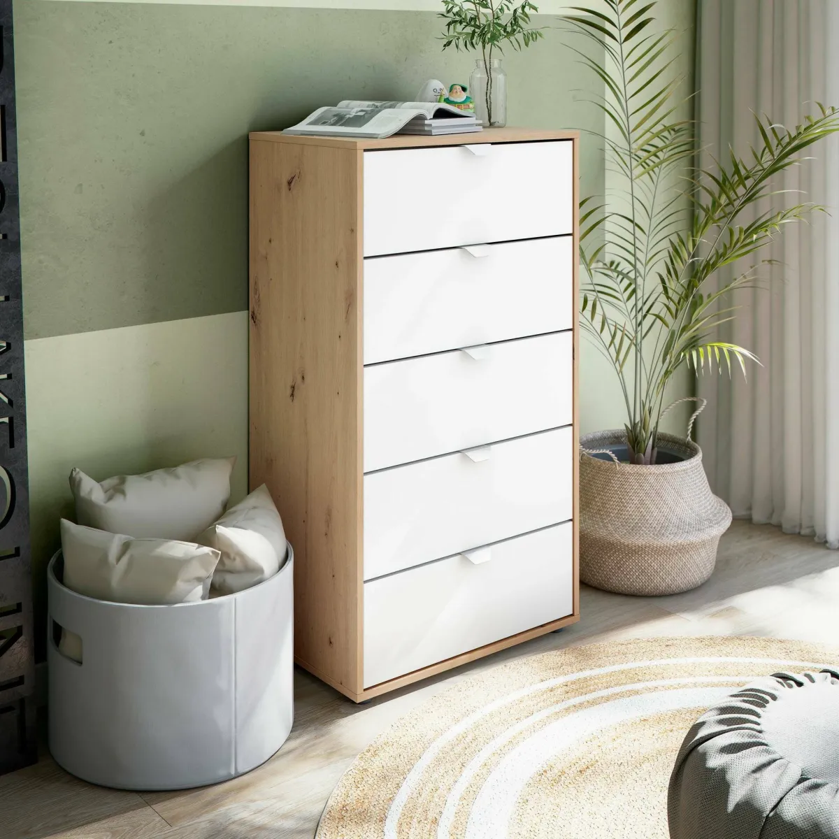 Cassettiere > Dmora Cassettiera 5 cassetti legno bianca 60x109h cm - Praha Marrone, Bianco Rovere Nodi