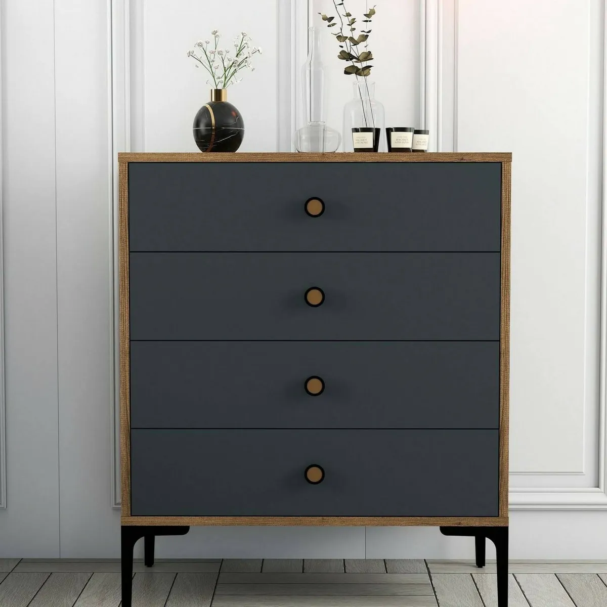 Salotto|Camera Da Letto > Dmora Cassettiera 5 cassetti noce e antracite 76x90h cm - Molly Nero Antracite, Marrone Noce