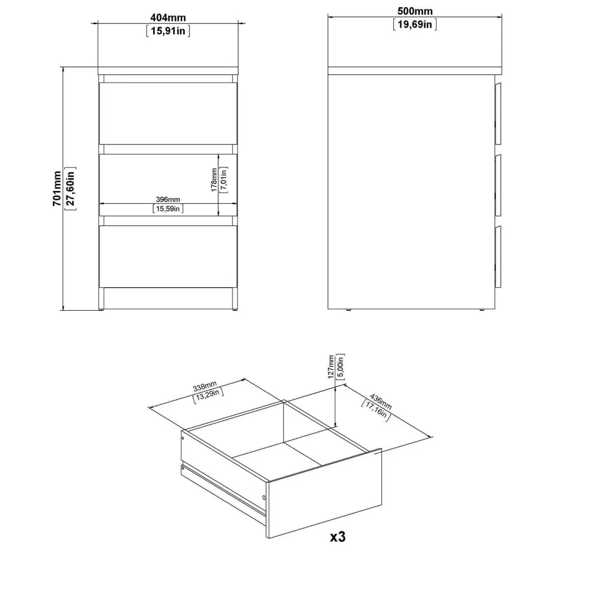 Cassettiera 3 cassetti rovere 50x70h cm - Accudino