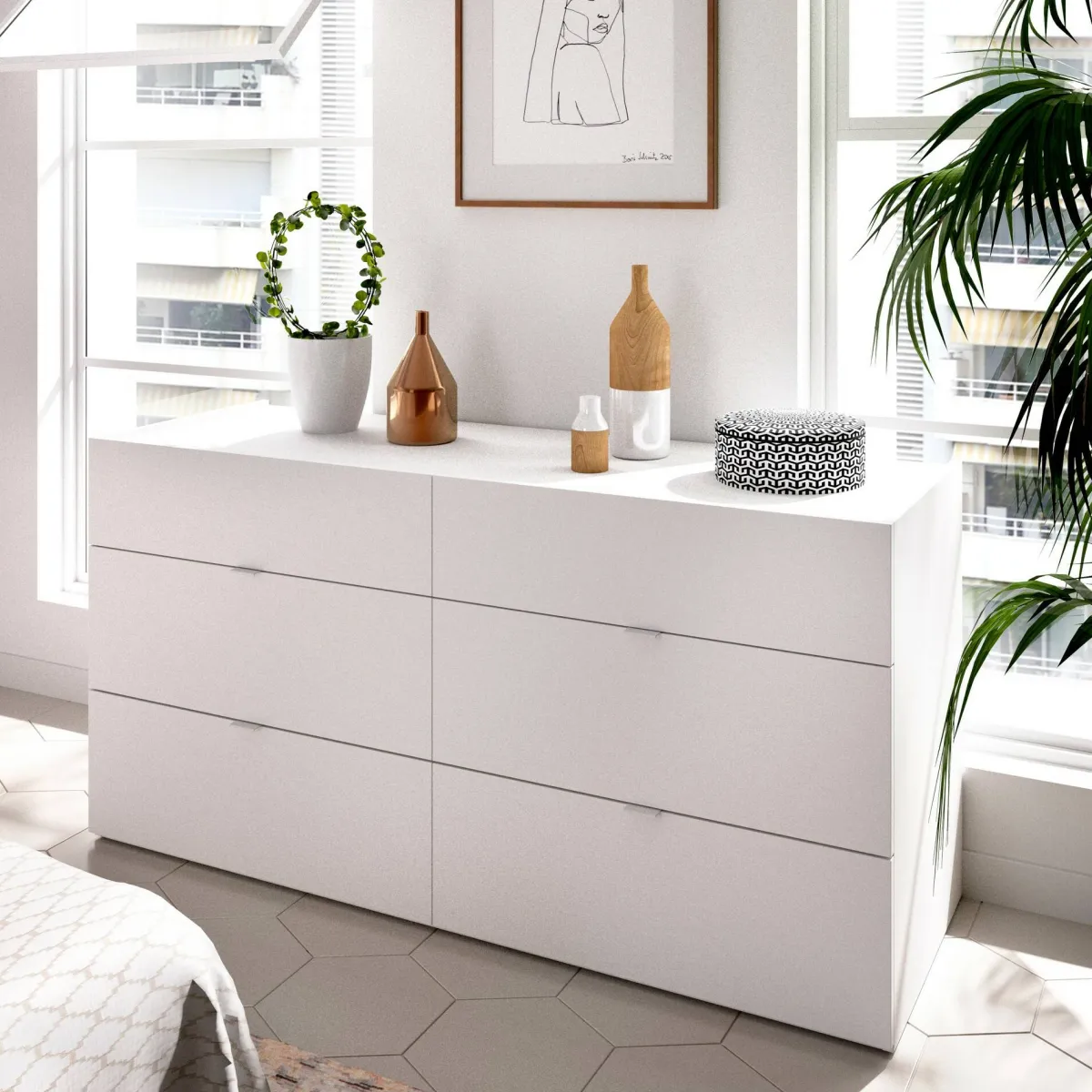 Salotto|Camera Da Letto > Dmora Cassettiera con maniglie bianca 120x62h cm - Avana Bianco