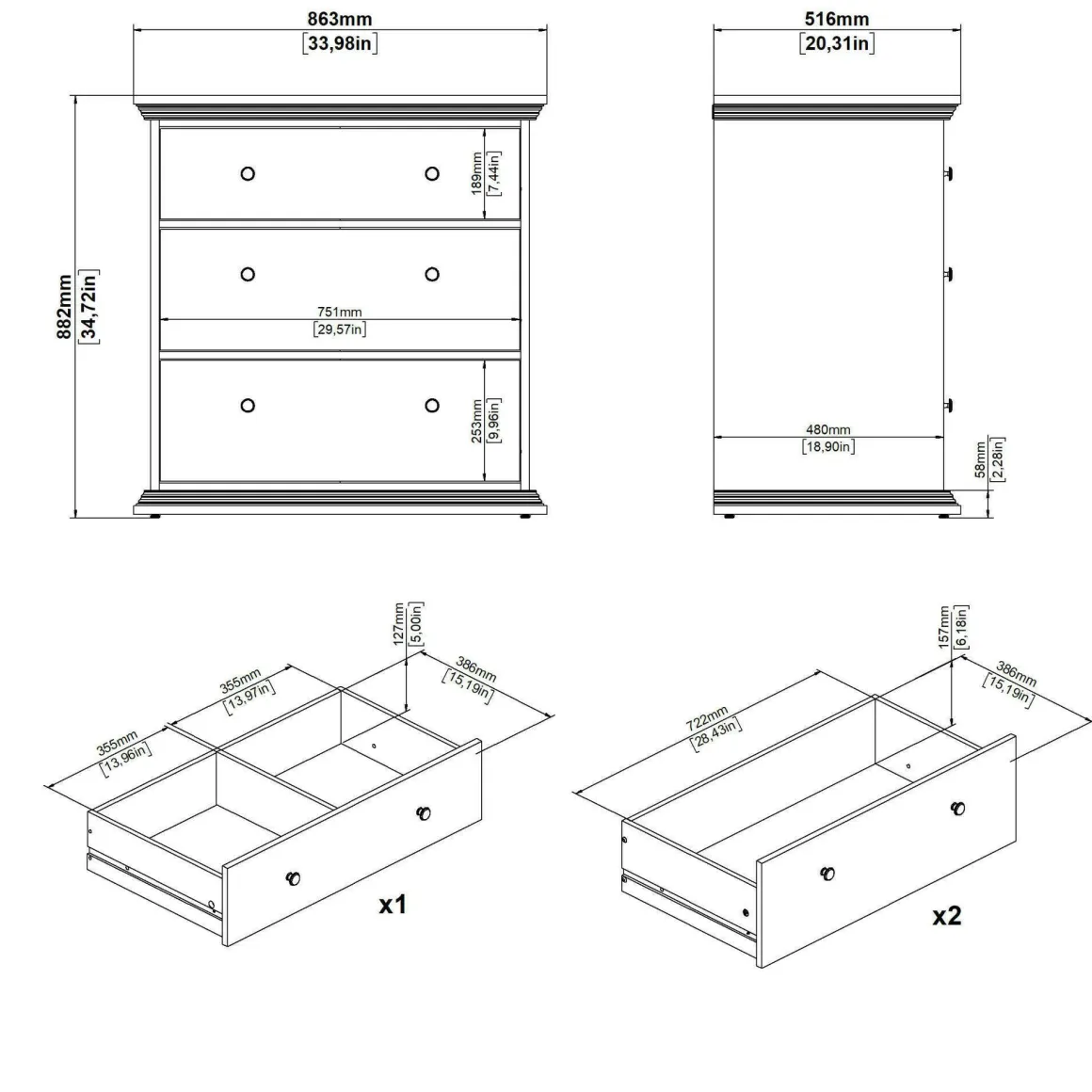 Cassettiera con maniglie nera 86x88h cm - Domeng