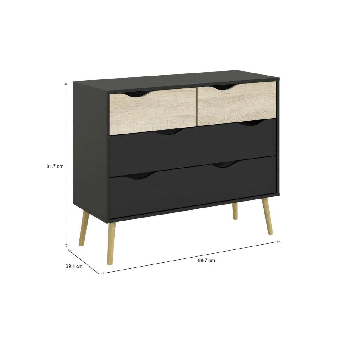 Cassettiera con maniglie nera e quercia 98x81h cm - Azir