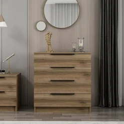 Salotto|Camera Da Letto > Dmora Cassettiera con maniglie noce e bianca marmo 76x90h cm - Molly Bianco Marmo, Marrone Noce