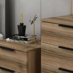 Salotto|Camera Da Letto > Dmora Cassettiera con maniglie noce e bianca marmo 76x90h cm - Molly Bianco Marmo, Marrone Noce