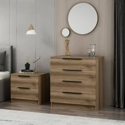 Salotto|Camera Da Letto > Dmora Cassettiera con maniglie noce e bianca marmo 76x90h cm - Molly Bianco Marmo, Marrone Noce