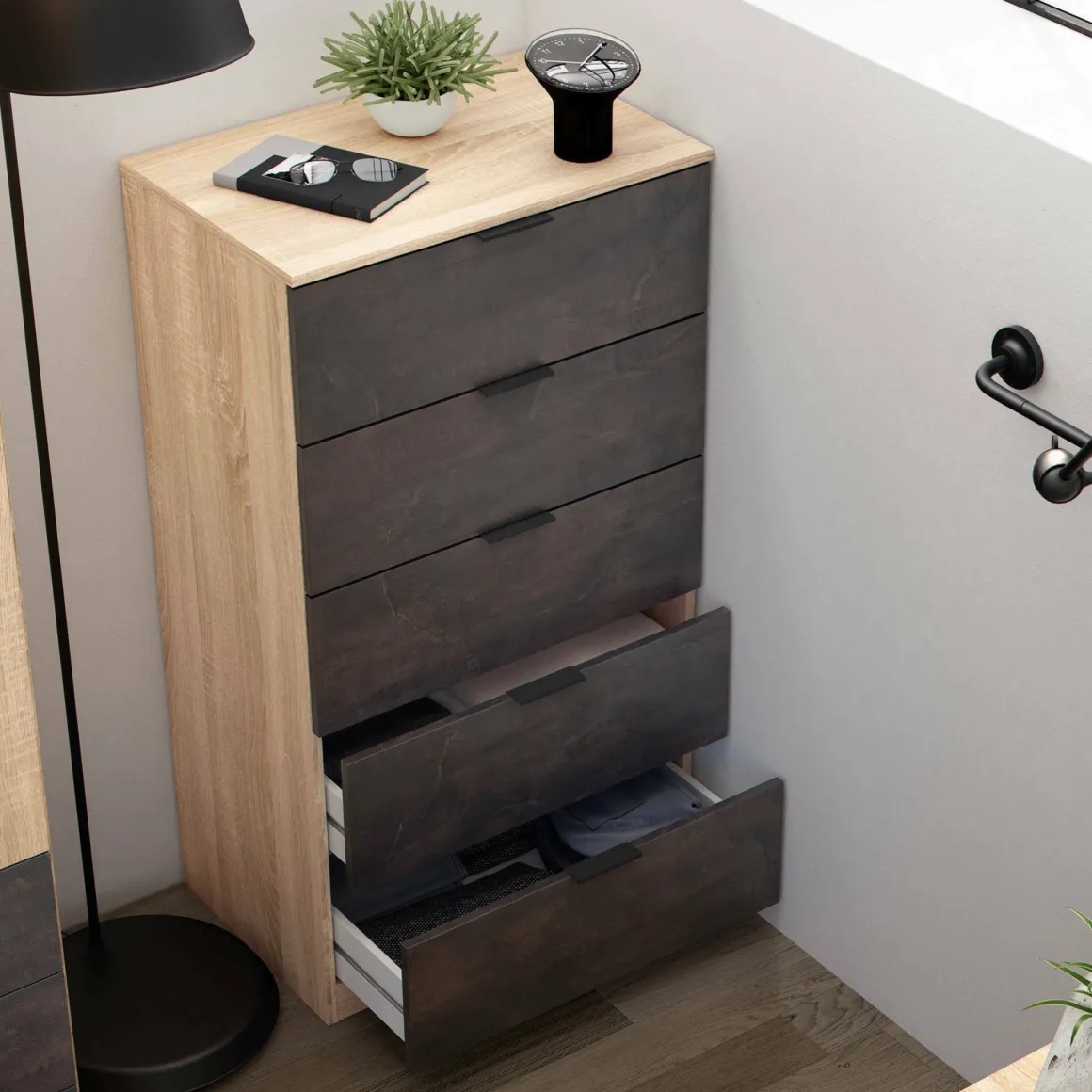 Cassettiera con maniglie rovere e antracite 60x110h cm - Armenia