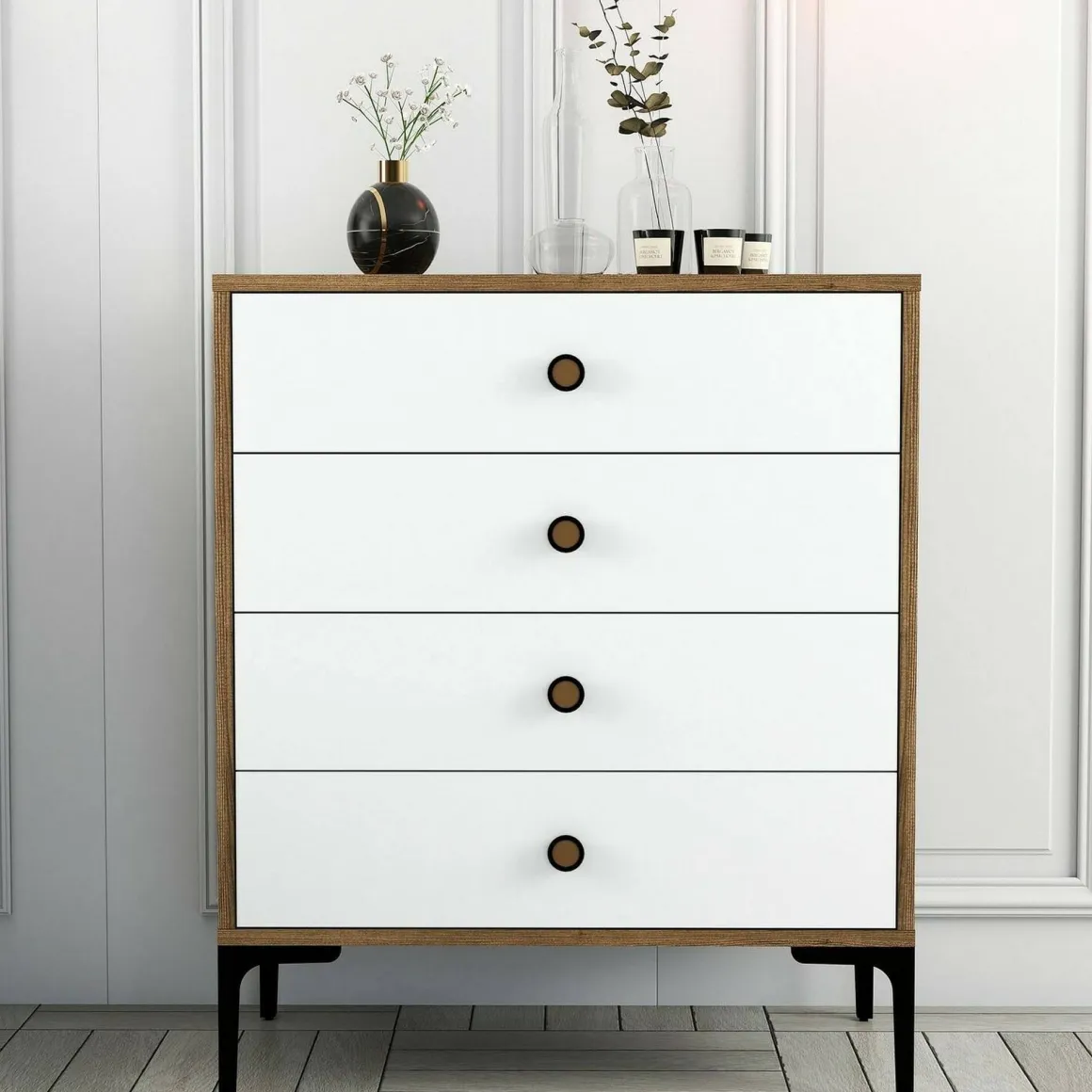 Cassettiera in legno noce e bianca 76x90h cm - Molly