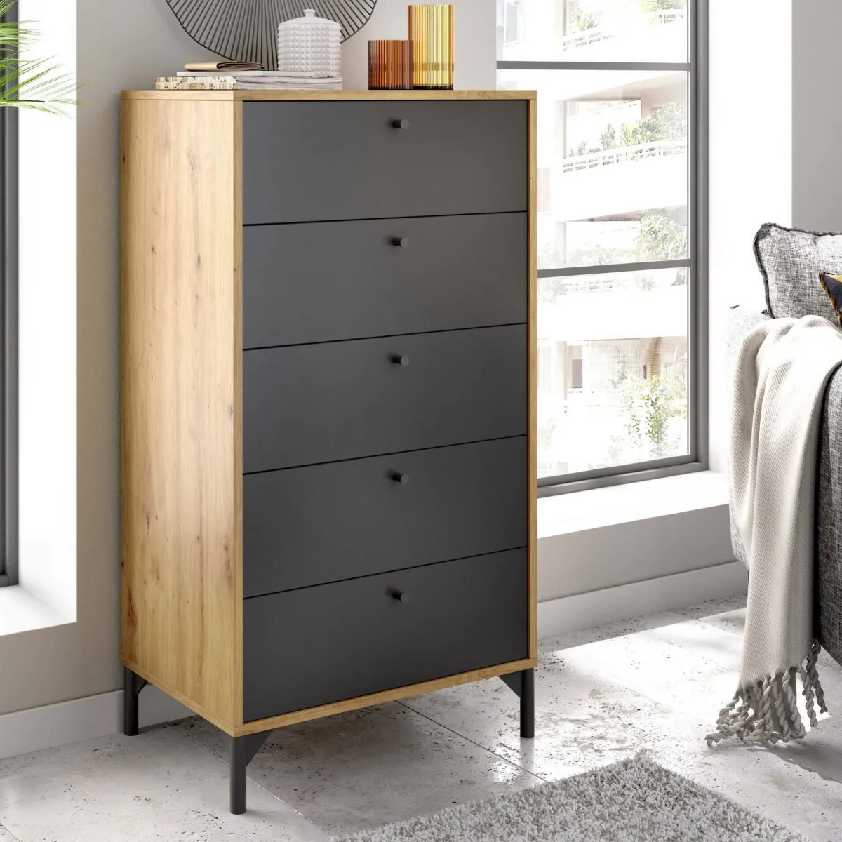 Salotto|Camera Da Letto > Dmora Cassettiera in legno rovere e antracite 60x127h cm - Armerina Nero Antracite, Marrone Rovere