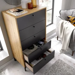 Salotto|Camera Da Letto > Dmora Cassettiera in legno rovere e antracite 60x127h cm - Armerina Nero Antracite, Marrone Rovere