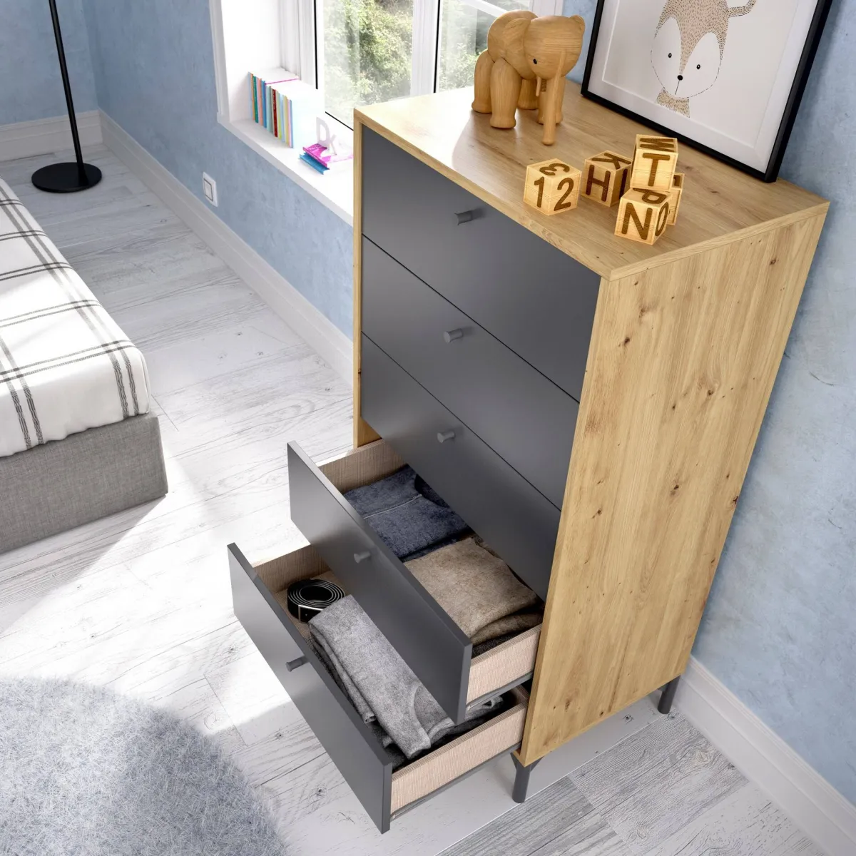 Salotto|Camera Da Letto > Dmora Cassettiera in legno rovere e antracite 60x127h cm - Armerina Nero Antracite, Marrone Rovere