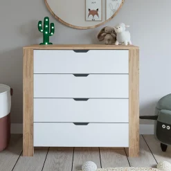 Cassettiere > Dmora Cassettiera Marrone Rovere Bianco 4 Cassetti Apertura Scorrevole 90x42x85h cm, Chiusura Scorrevole - Pastena Bianco, Marrone Rovere