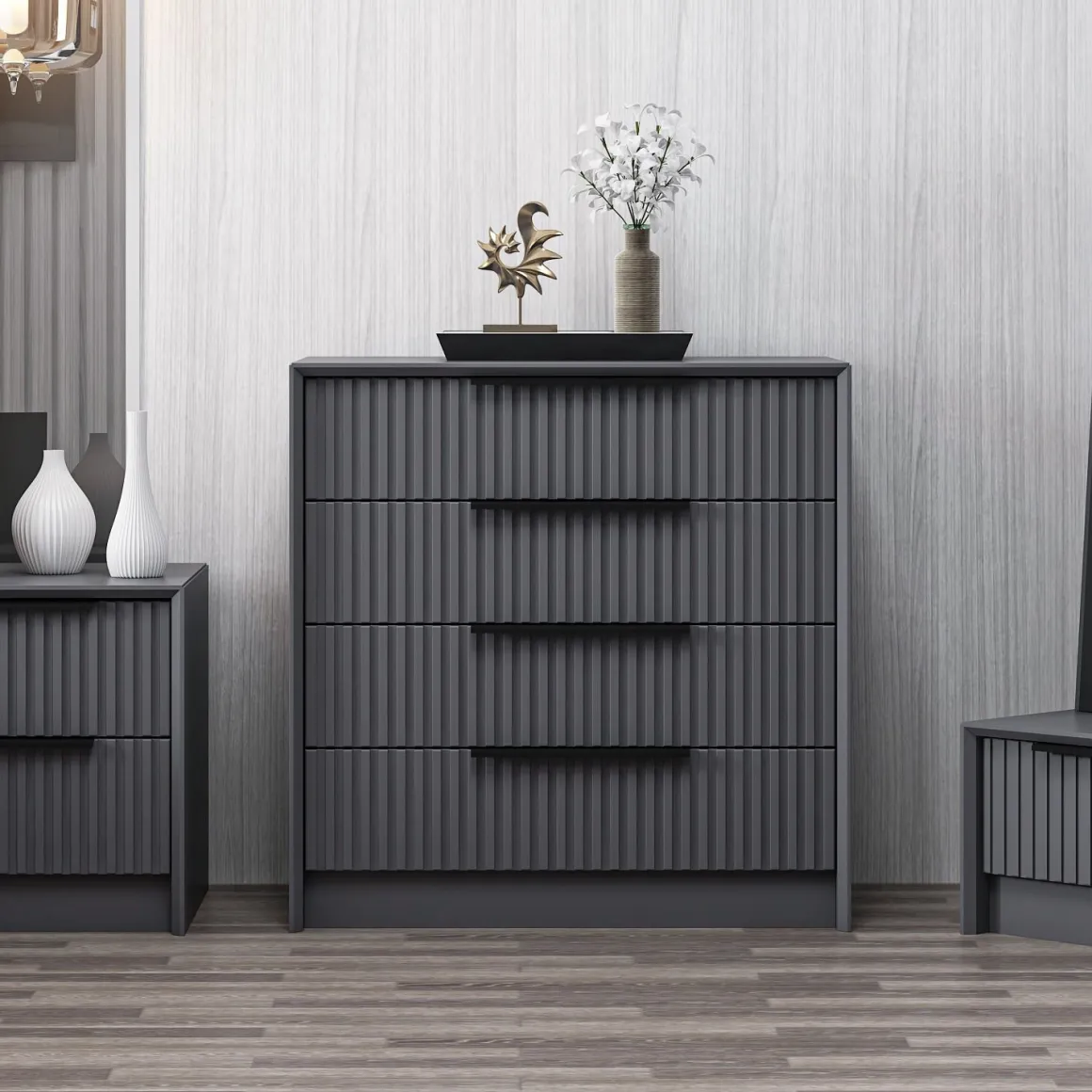 Cassettiere > Dmora Cassettiera 4 Cassetti Apertura Scorrevole 90x47x100h cm, Chiusura Scorrevole - Lierna Nero Antracite