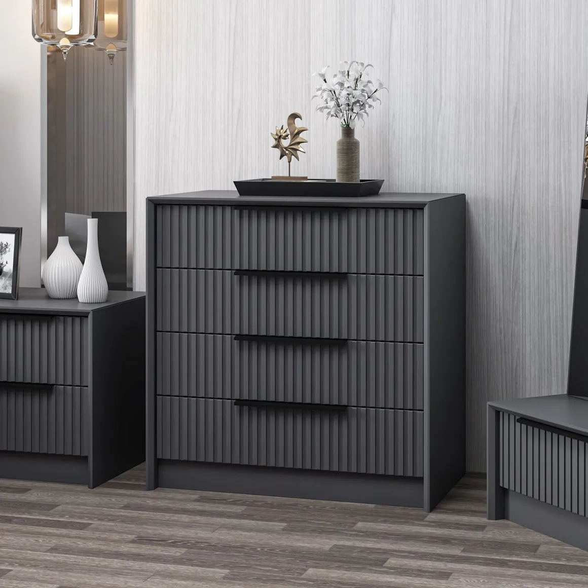Cassettiere > Dmora Cassettiera 4 Cassetti Apertura Scorrevole 90x47x100h cm, Chiusura Scorrevole - Lierna Nero Antracite