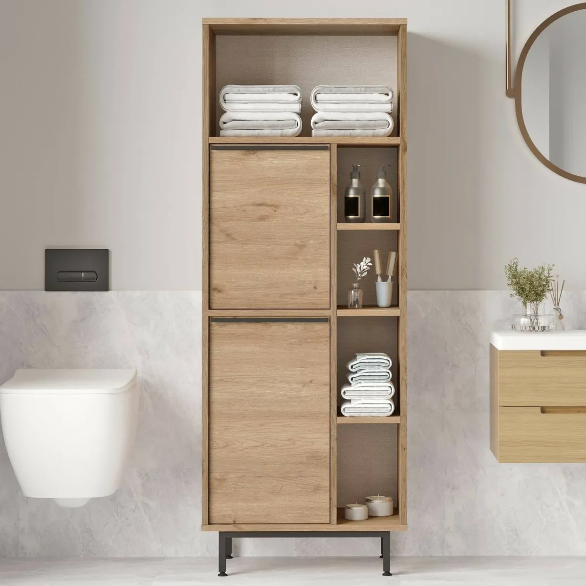 Mobili Colonna > Dmora Colonna bagno in legno 2 ante 160x45h cm noce - Merbok Marrone Noce