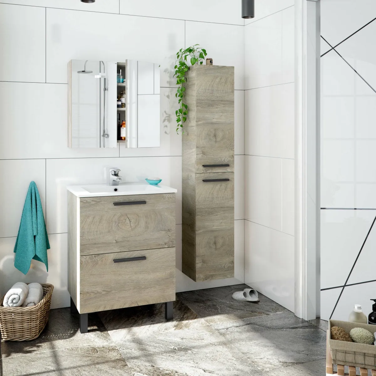 Mobili Colonna|Bagno > Dmora Colonna sospesa bagno 2 ante 30x150h cm rovere - Notte Marrone Quercia