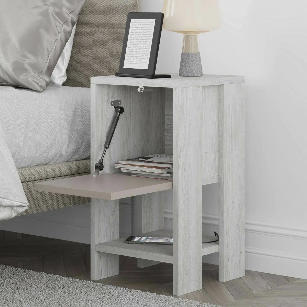 Comodini|Camera Da Letto > Dmora Comodino 1 anta bianco e tortora 30x30x55h cm - Filippa Grigio, Bianco Tortora